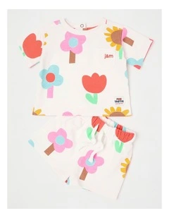 Mazzy Terry Top & Bottom Set with Happy Flower Print in Cream