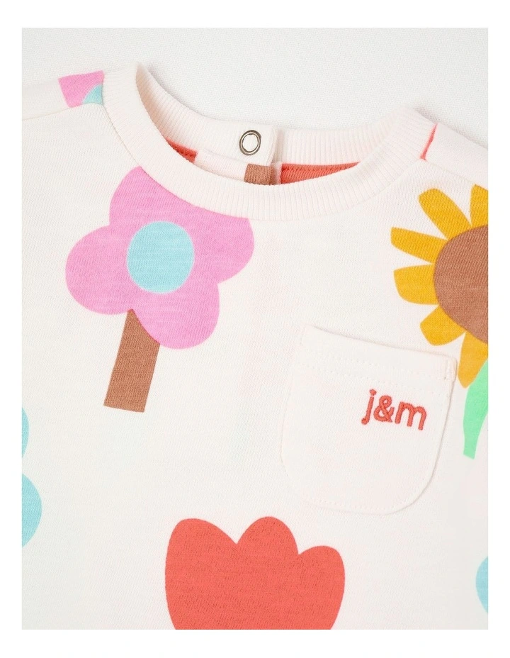 Mazzy Terry Top & Bottom Set with Happy Flower Print in Cream image 2