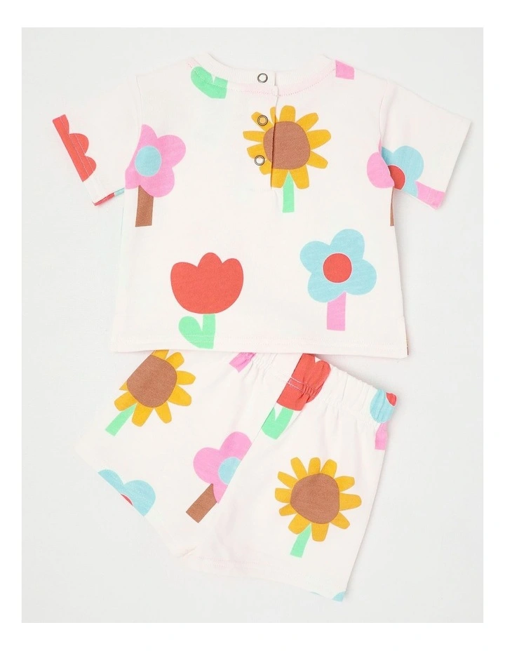 Mazzy Terry Top & Bottom Set with Happy Flower Print in Cream image 3