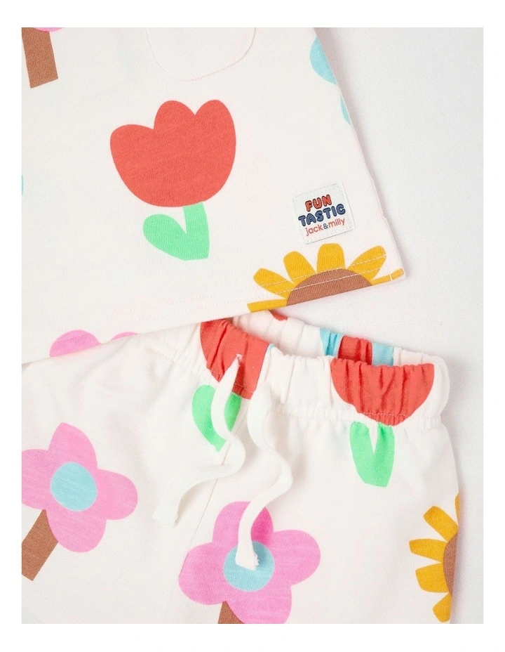 Mazzy Terry Top & Bottom Set with Happy Flower Print in Cream image 4