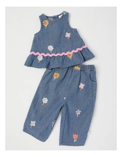 Freida Chambray Top & Bottom Set with Flower Embroidery in Denim