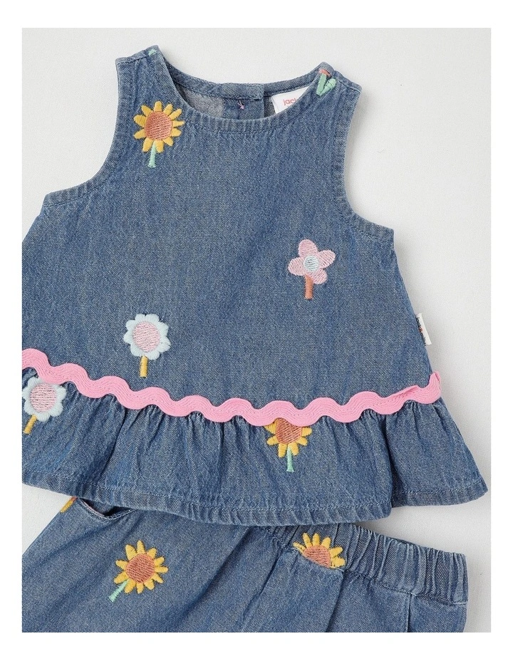 Freida Chambray Top & Bottom Set with Flower Embroidery in Denim image 2