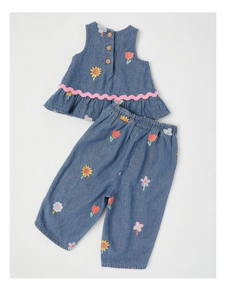 Freida Chambray Top & Bottom Set with Flower Embroidery in Denim image 3