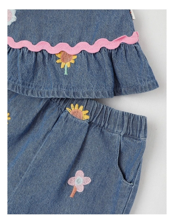 Freida Chambray Top & Bottom Set with Flower Embroidery in Denim image 4