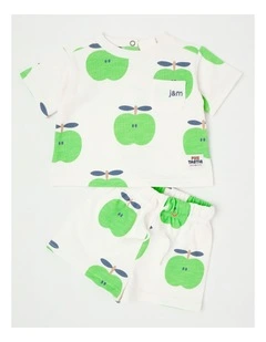 Mazzy Terry Top & Bottom Set with Little Apple Print in White