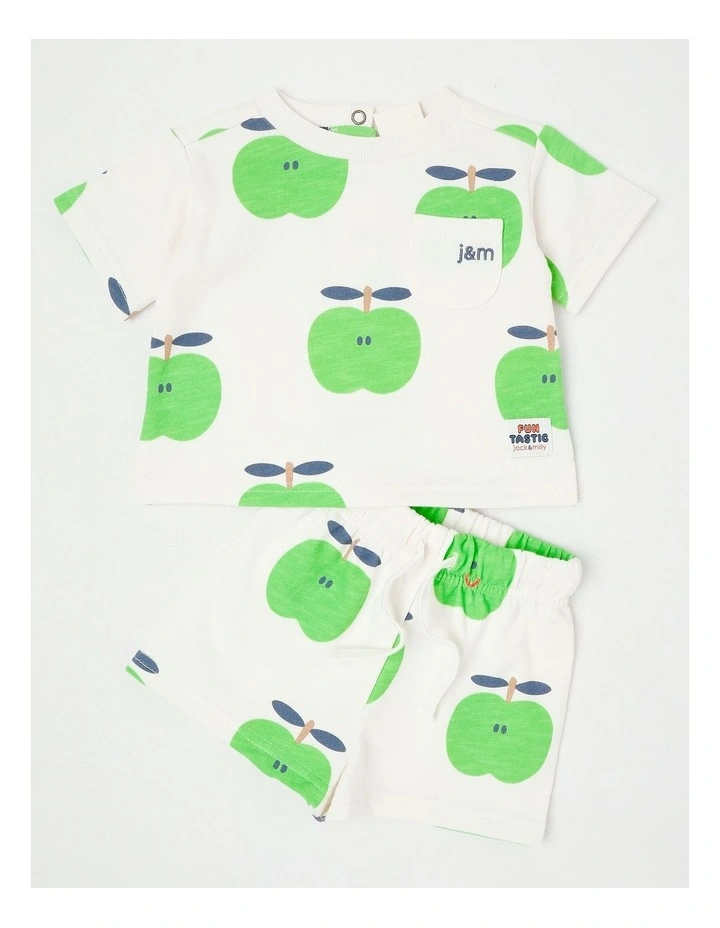 Mazzy Terry Top & Bottom Set with Little Apple Print in White image 1