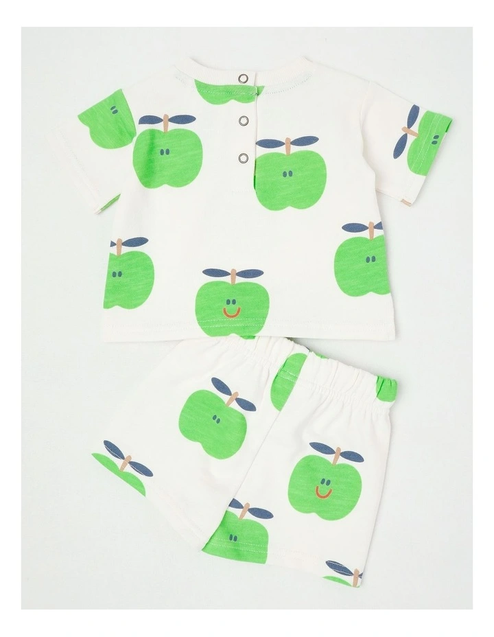 Mazzy Terry Top & Bottom Set with Little Apple Print in White image 3