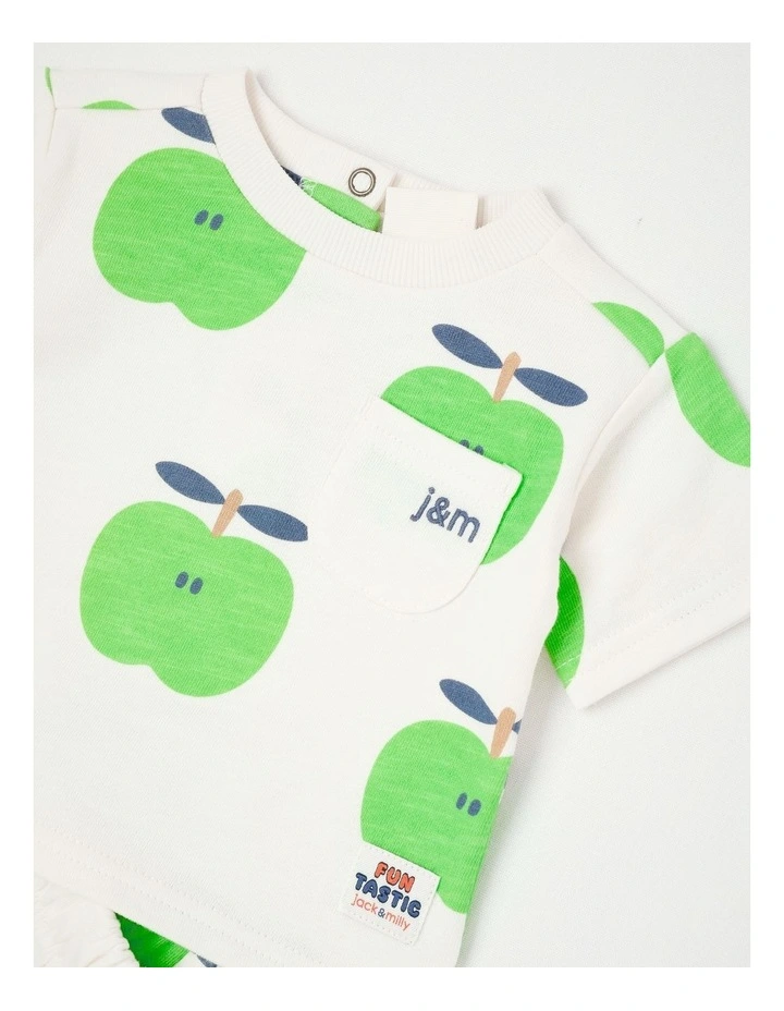 Mazzy Terry Top & Bottom Set with Little Apple Print in White image 4