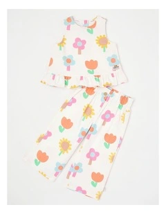 Willow Peplem Top & Pant Set in Happy Flower Print in Cream