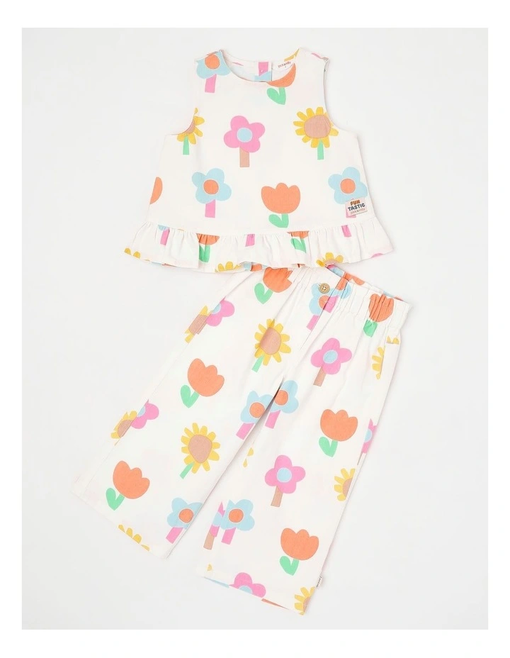 Willow Peplem Top & Pant Set in Happy Flower Print in Cream image 1