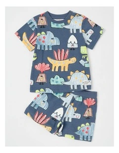 Dylan Top & Bottom Pyjama Set in Crayon Dino Print in Navy