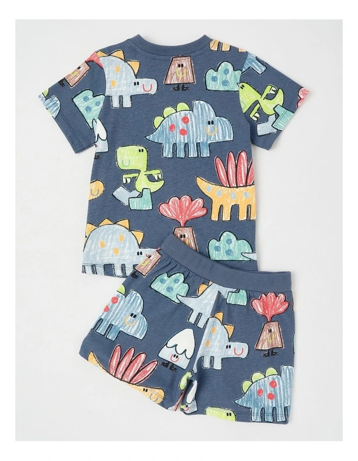 Dylan Top & Bottom Pyjama Set in Crayon Dino Print in Navy image 3
