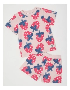 Dylan Pyjama Set with Watercolour Strawberry Print in Pink