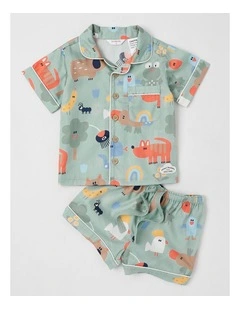 Freddie Woven Pyjama Set in All Over Aus Print in Green