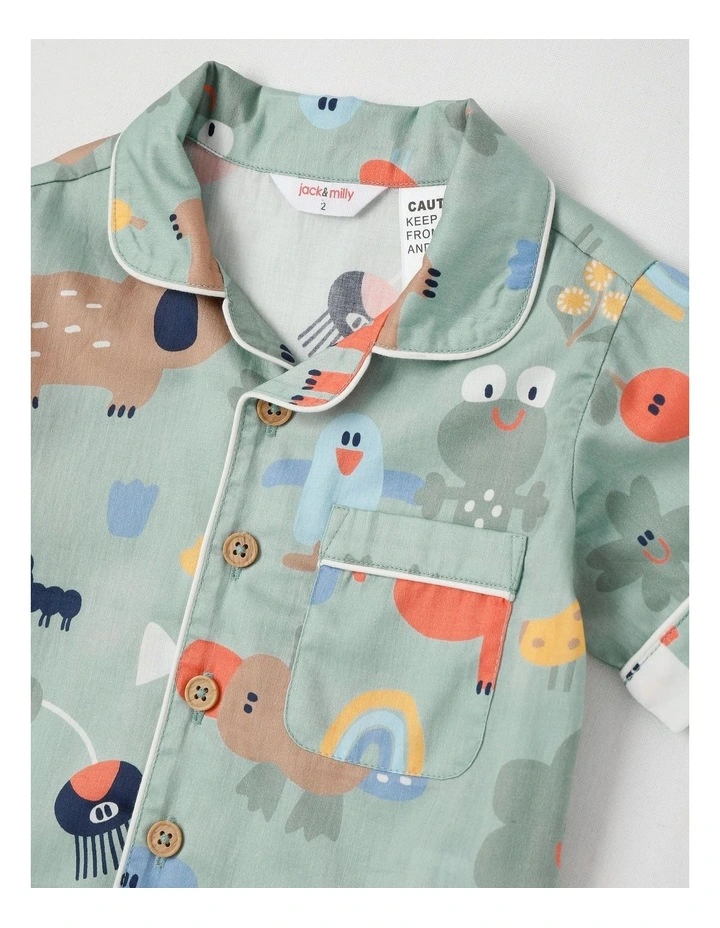 Freddie Woven Pyjama Set in All Over Aus Print in Green image 2