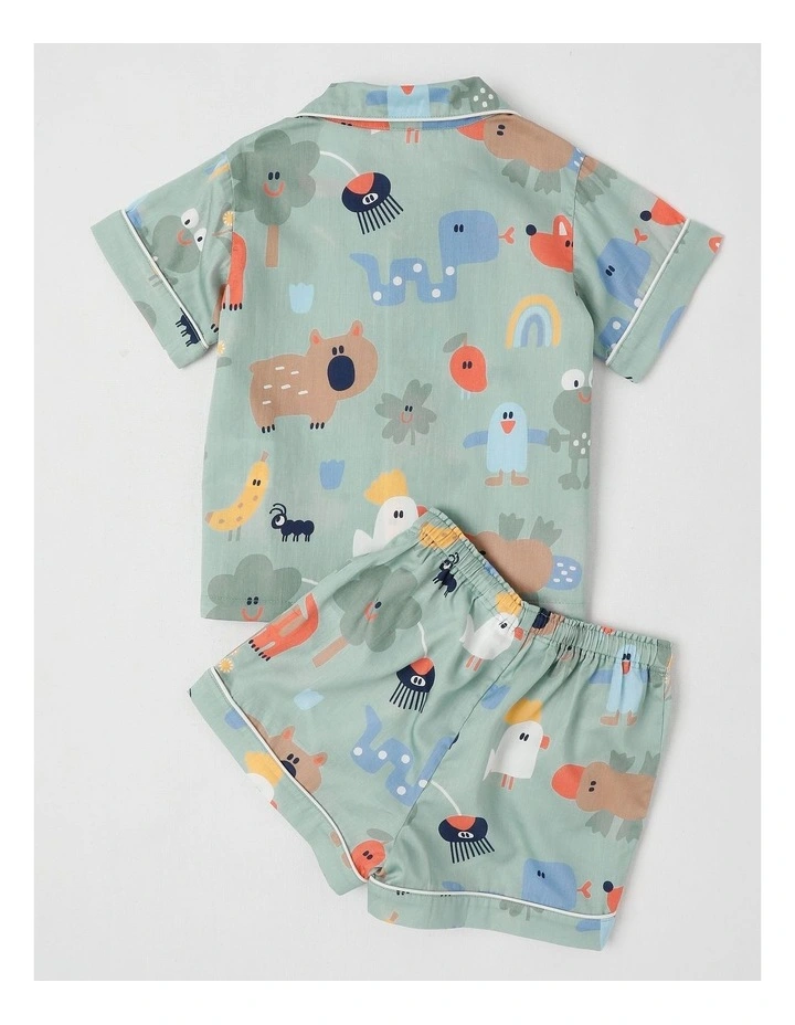 Freddie Woven Pyjama Set in All Over Aus Print in Green image 3