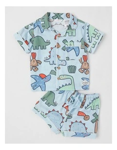 Freddie Woven Pyjama Set in Dinosaur Club Print in Blue