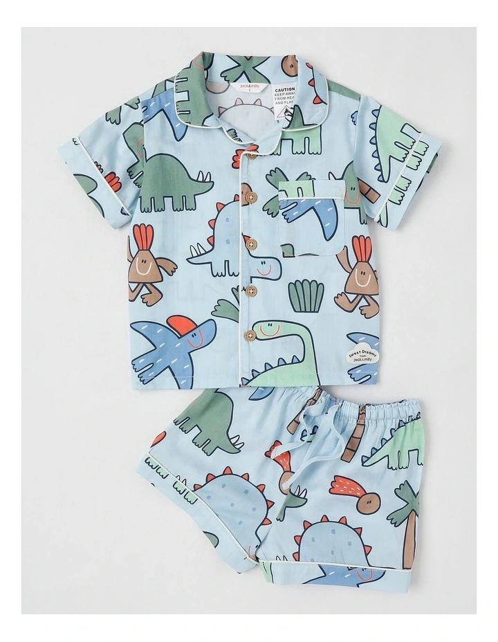 Freddie Woven Pyjama Set in Dinosaur Club Print in Blue image 1