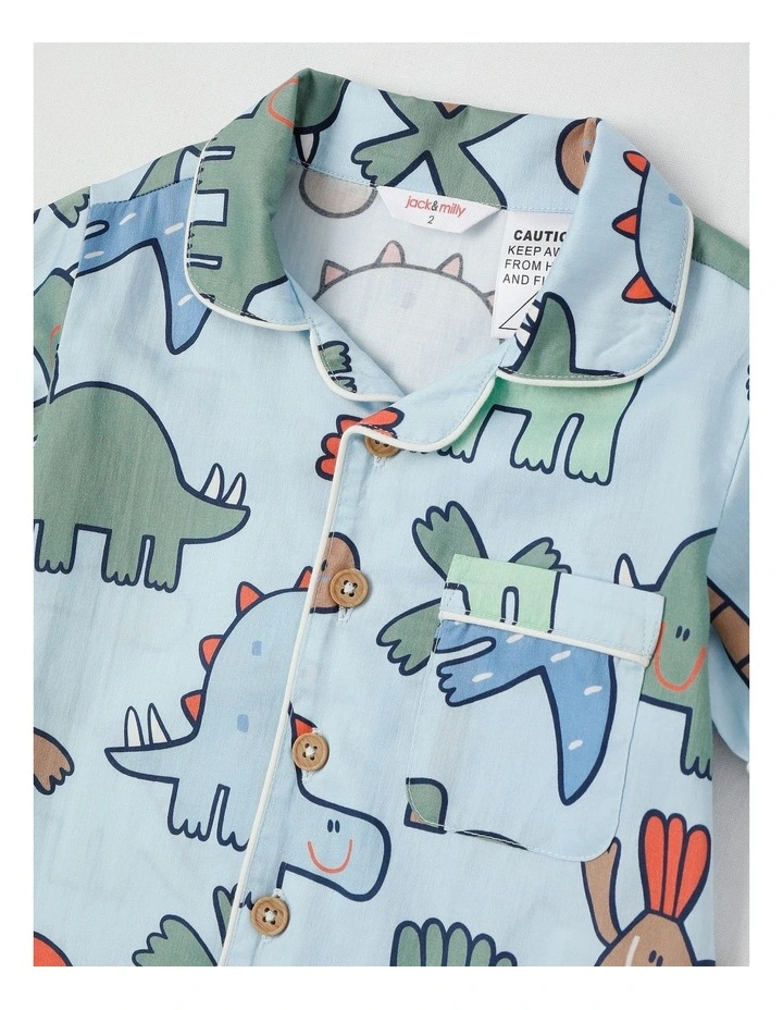 Freddie Woven Pyjama Set in Dinosaur Club Print in Blue image 2