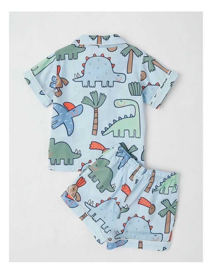 Freddie Woven Pyjama Set in Dinosaur Club Print in Blue image 3