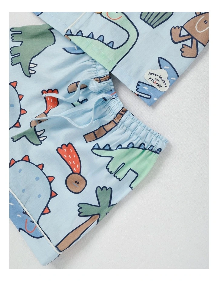 Freddie Woven Pyjama Set in Dinosaur Club Print in Blue image 4