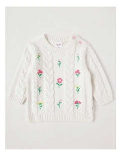 Embroidered Cable Knit Jumper in White