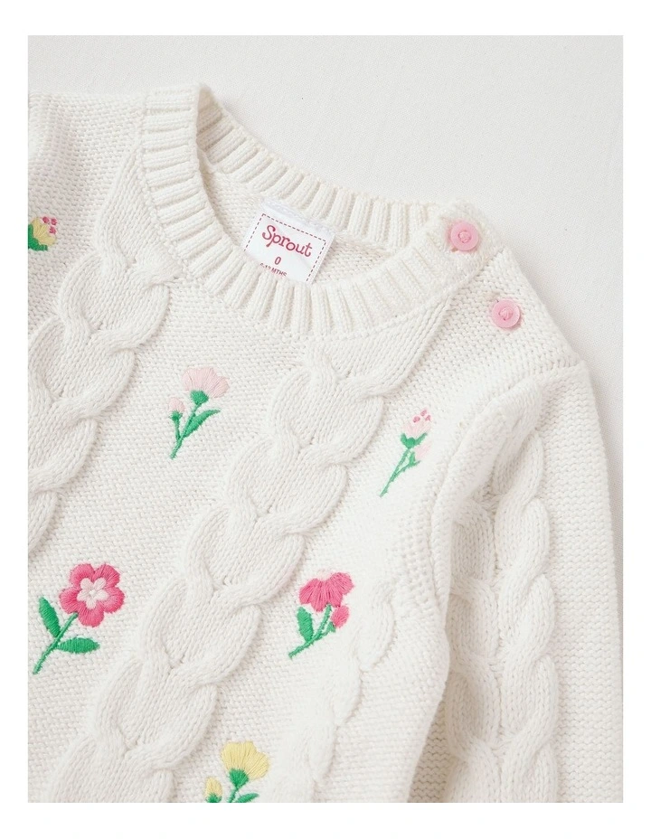Embroidered Cable Knit Jumper in White image 2