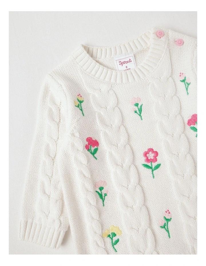 Embroidered Cable Knit Jumper in White image 4