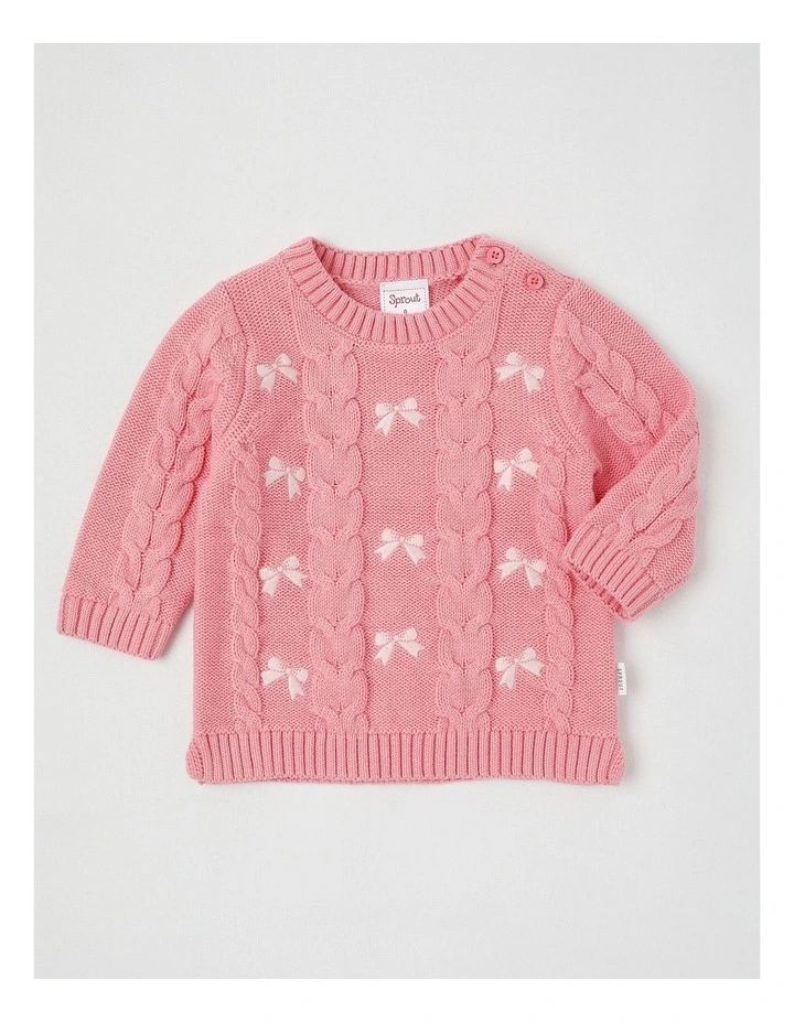 Embroidered Cable Knit Bow Jumper in Tulip image 1