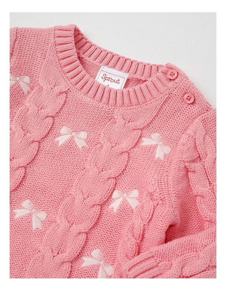Embroidered Cable Knit Bow Jumper in Tulip image 2