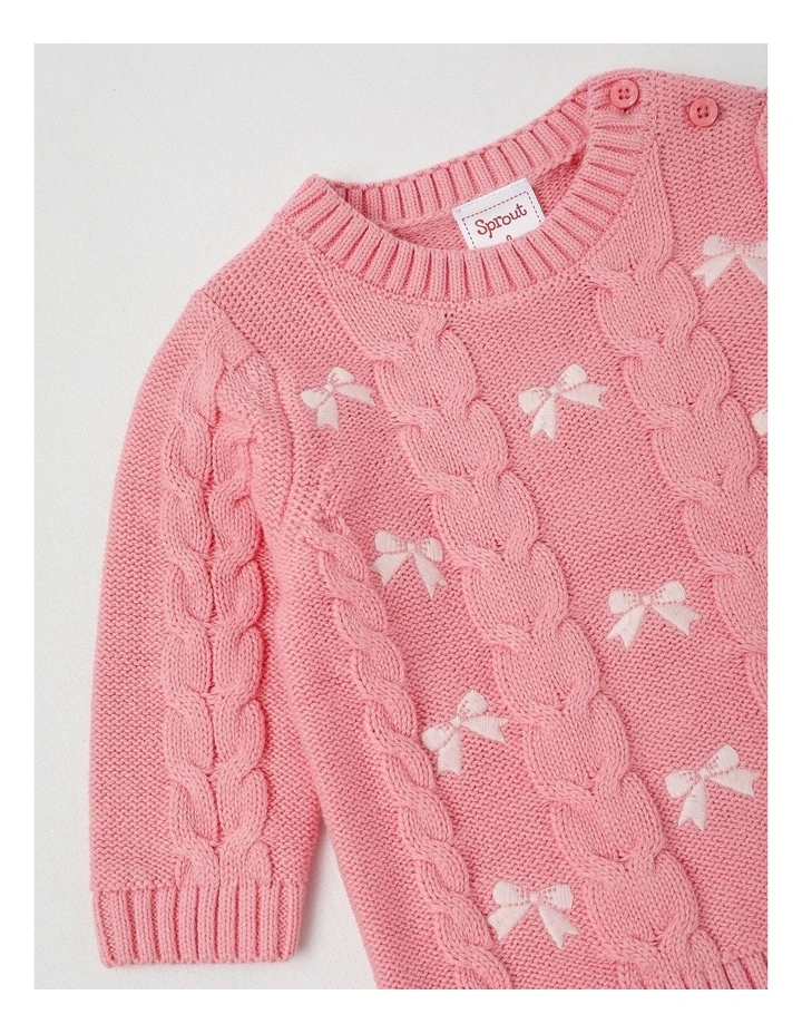 Embroidered Cable Knit Bow Jumper in Tulip image 4