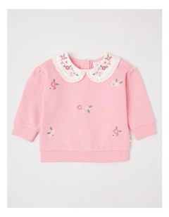 Embroidered Collar Sweat Top in Pale Pink