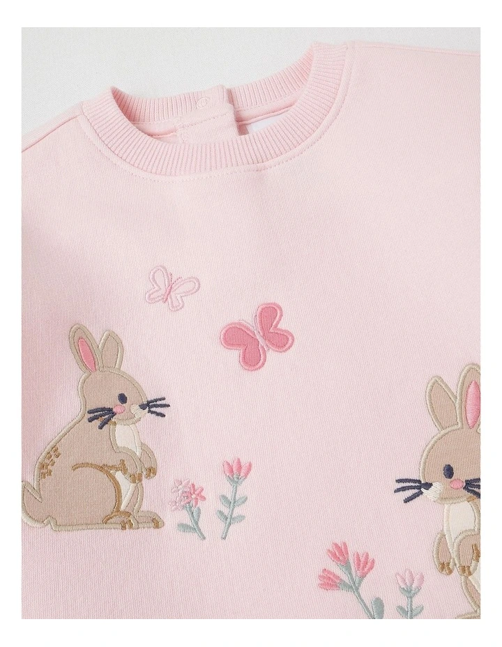 Frill Shoulder Bunny Sweat Top in Blush image 2