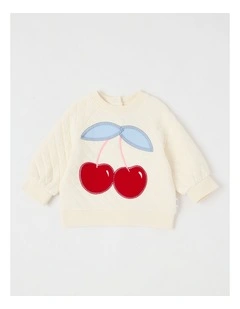 Quilted Cheryr Applique Sweat Top in Bone