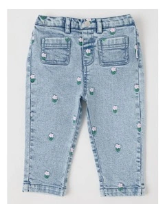 Flower Embroidery Denim Pants in Blue