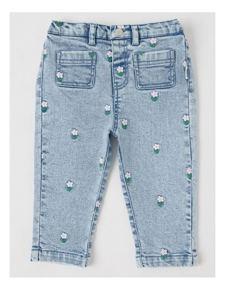 Flower Embroidery Denim Pants in Blue image 1