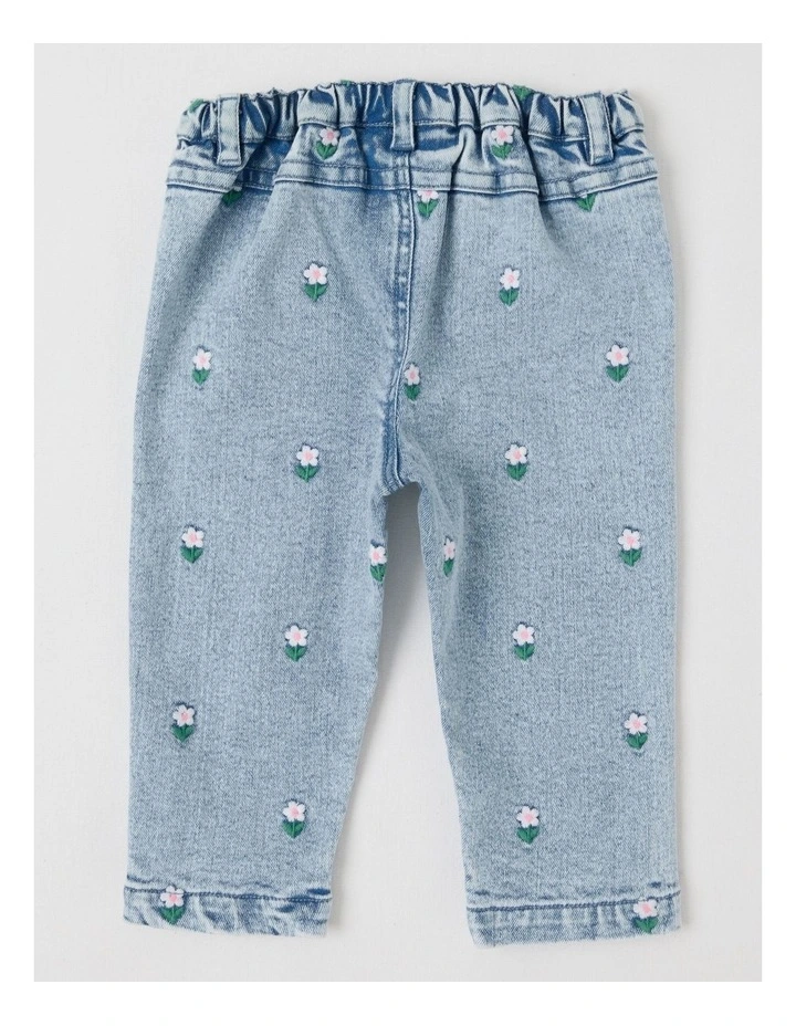 Flower Embroidery Denim Pants in Blue image 3