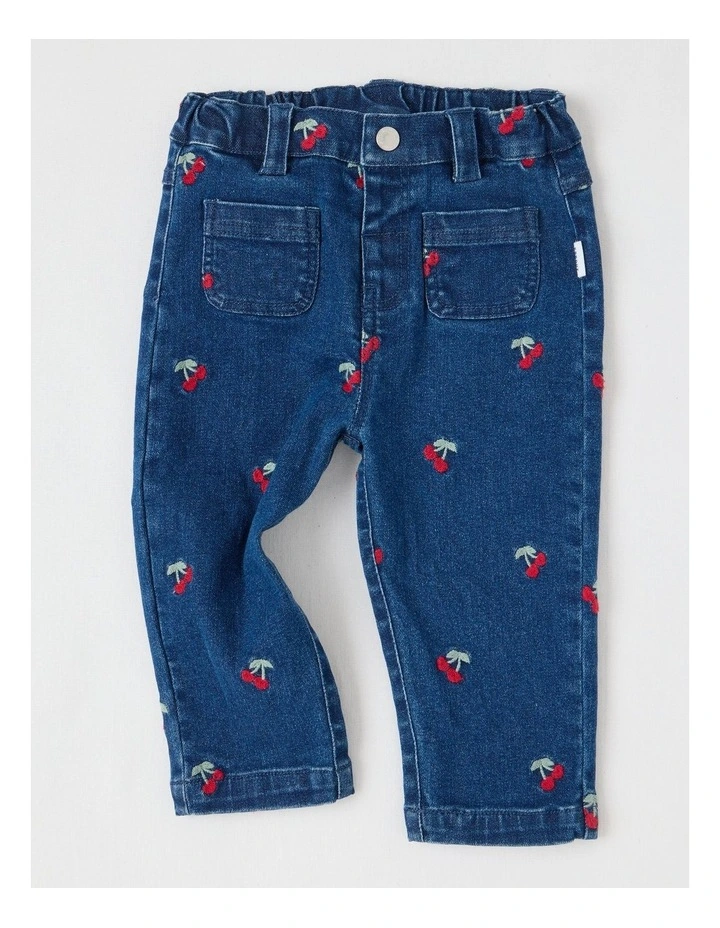 Cherry Embroidery Denim Pants in Blue image 1
