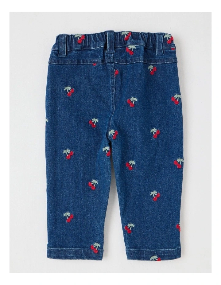 Cherry Embroidery Denim Pants in Blue image 3