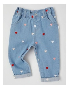 Heart Embroidered Denim Pants in Blue