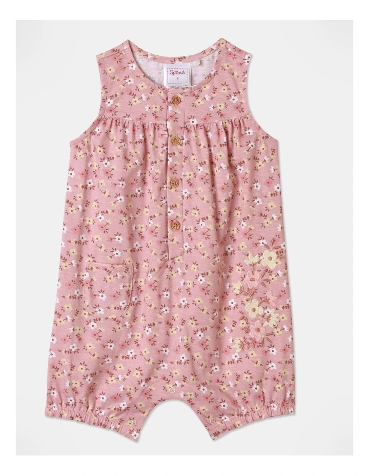 Flower Embroidery Gingham Romper in Camel image 1