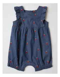 Cherry Delight Embroidered Romper in Denim