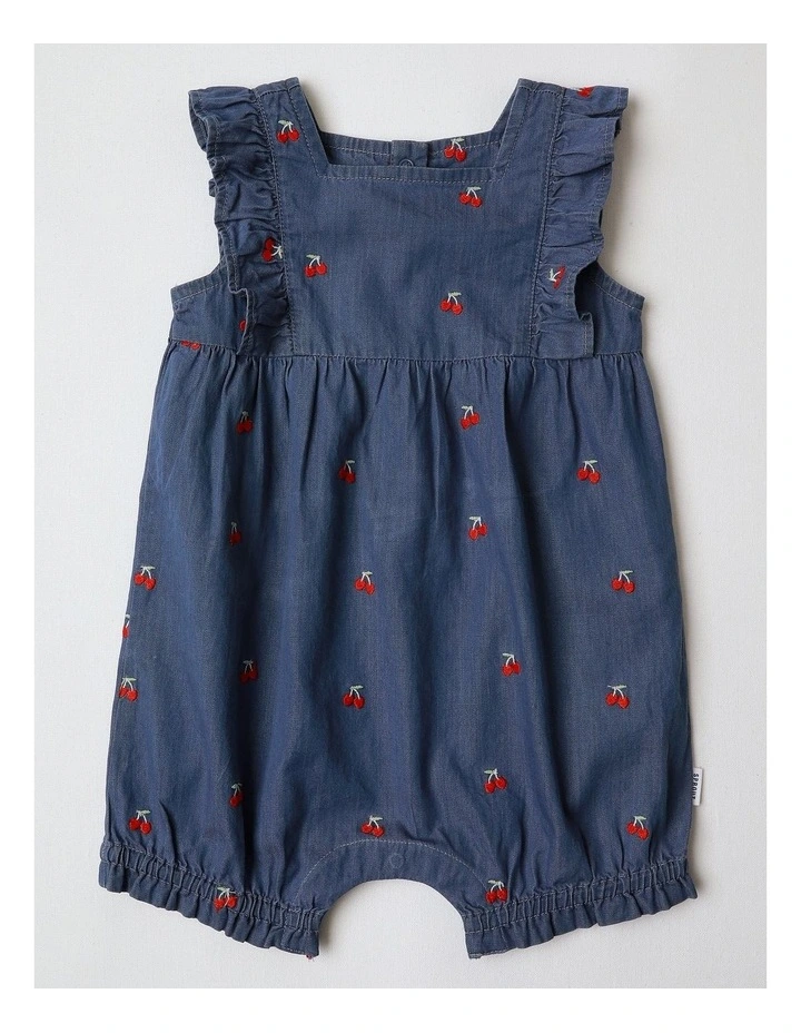 Cherry Delight Embroidered Romper in Denim image 1