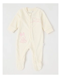 Newborn Bunny Heart Velour Embroidered Coverall in Cream