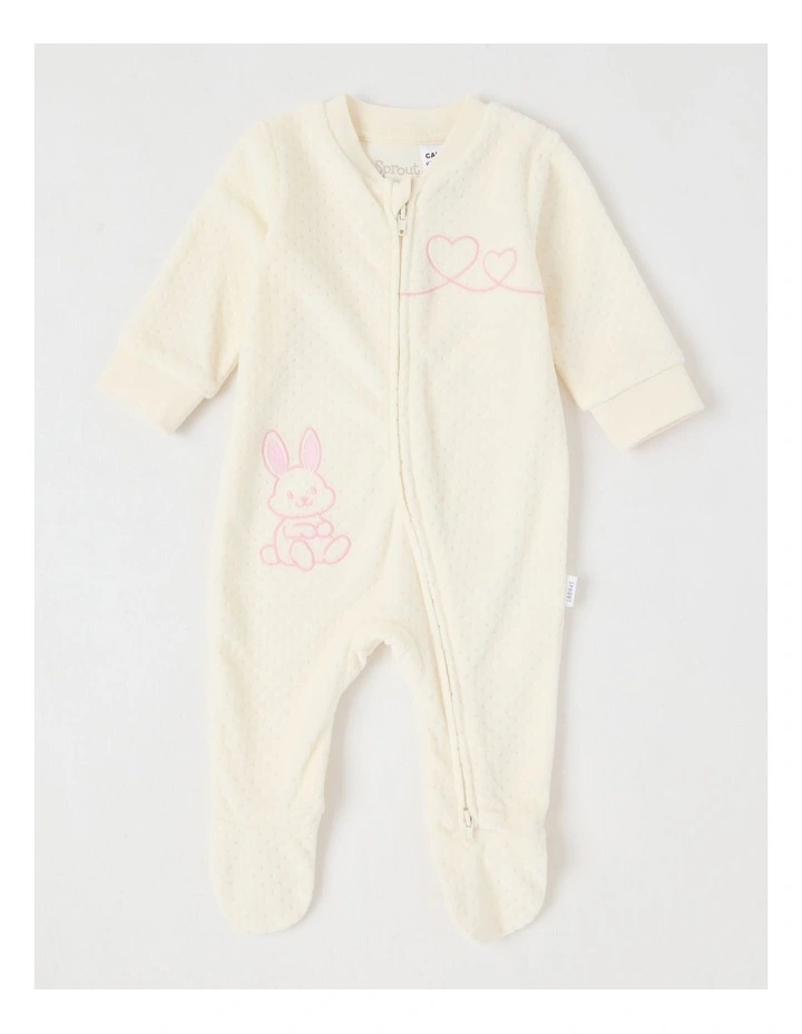 Newborn Bunny Heart Velour Embroidered Coverall in Cream image 1
