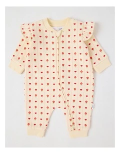 Heart & Flower Striped Fleece Coverall in Bone