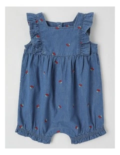 Cherry Chambray Romper in Dusty Blue