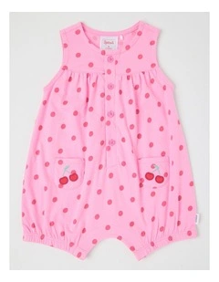 Cherry Placket Romper in Hot Pink