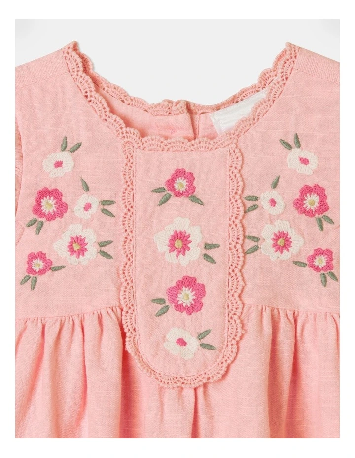 Flower Embroidery Woven Dress in Pale Pink image 2