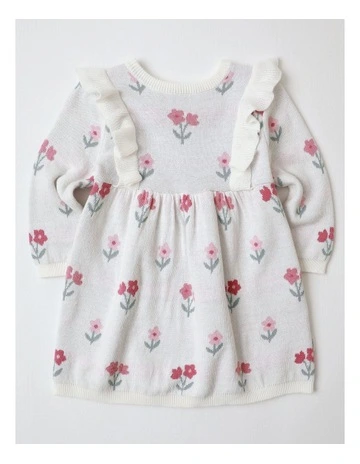 ntarsia Knit Floral Dress in White